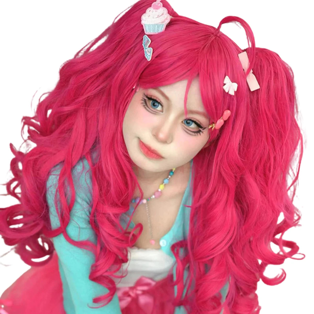 2024 New Product Lolita Pink Long Curly wavy Clip On 2 Ponytails Cosplay Synthetic Wig for Women Cosplay