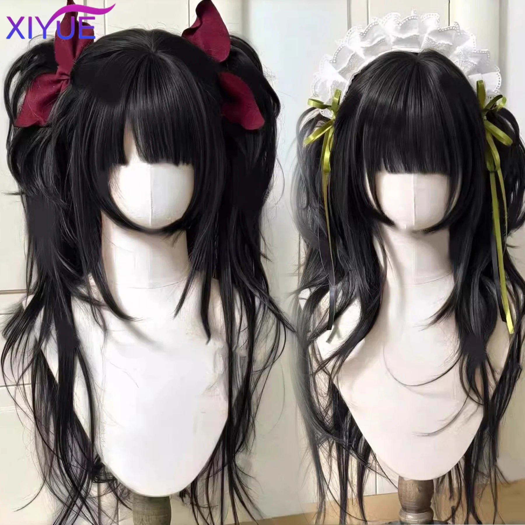 Brown Black Twin Ponytail Princess Cut Natural Short Hair Synthetic Wigs With Bangs For Women Heat Resistant Cosplay Lolita Hair