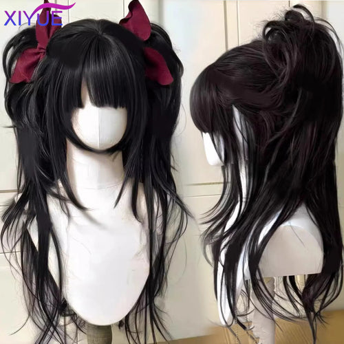 Brown Black Twin Ponytail Princess Cut Natural Short Hair Synthetic Wigs With Bangs For Women Heat Resistant Cosplay Lolita Hair