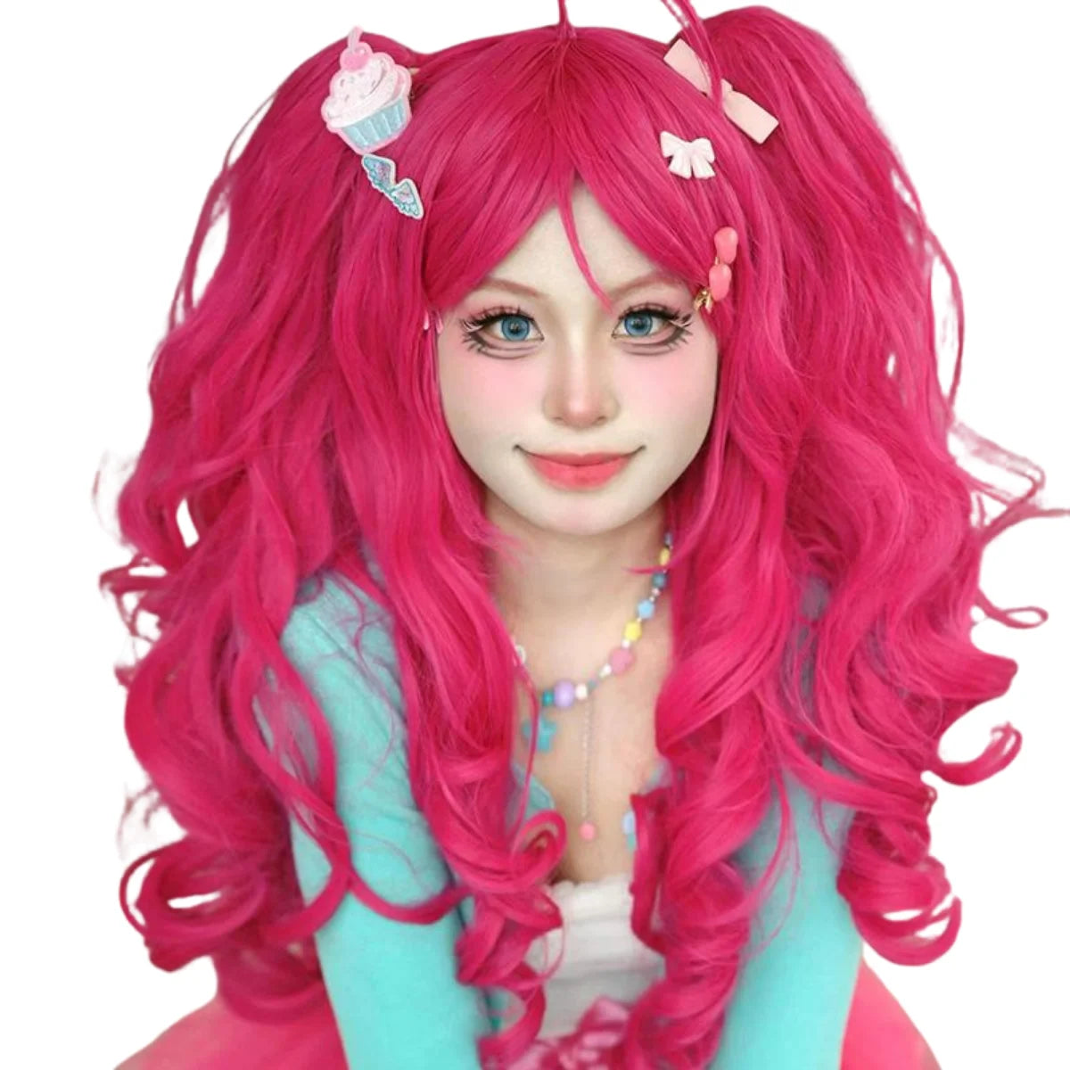 2024 New Product Lolita Pink Long Curly wavy Clip On 2 Ponytails Cosplay Synthetic Wig for Women Cosplay